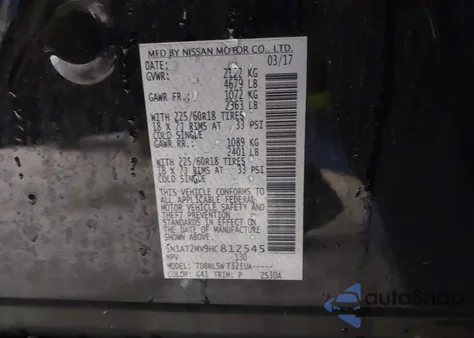 2017 Nissan Rogue Sv/Sl from USA, damaged, VIN 5N1AT2MV9HC812545